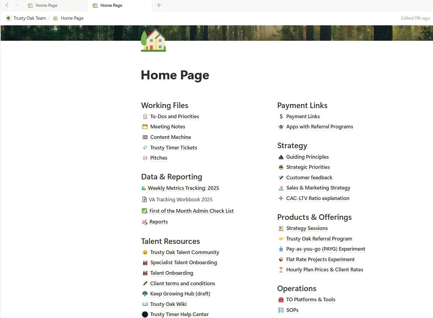 Trusty Oak Notion Home Page organized by function